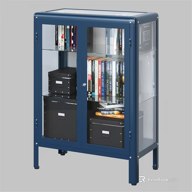 Blue Cabinet with Glass Doors Containing Books and Black Storage Boxes 3d model 