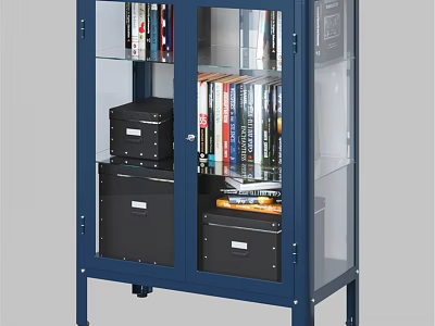 Blue Cabinet with Glass Doors Containing Books and Black Storage Boxes 3d model