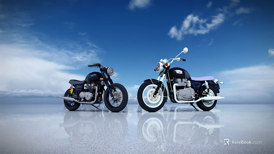 Two Vintage Motorcycles Against Blue Sky With White Clouds On Reflective Ground 3d model 