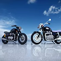 Two Vintage Motorcycles Against Blue Sky With White Clouds On Reflective Ground