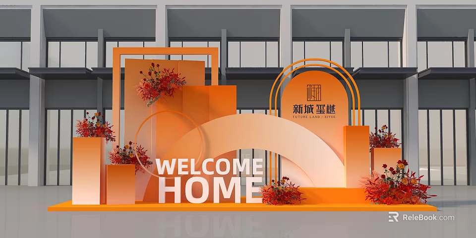 Modern Photo Check in Spot With Orange Decorations Welcome Home Sign And Geometric Flower Arrangements 3d model 