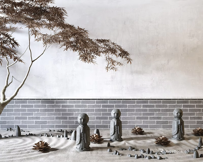 Zen Garden Ornament Scene With Small Monk Statues Sandy Ground Pine Cones And Maple Branch 3d model 
