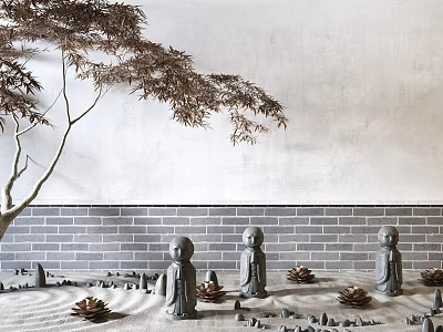 Zen Garden Ornament Scene With Small Monk Statues Sandy Ground Pine Cones And Maple Branch 3d model