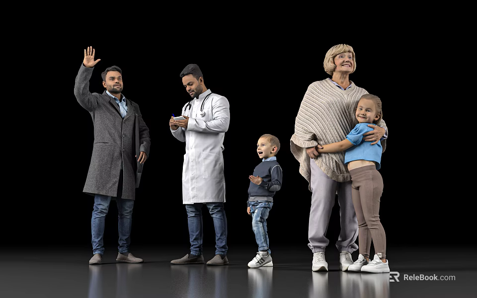 Group of People With Waving Man Doctor Elderly Woman and Children Standing Together 3d model 