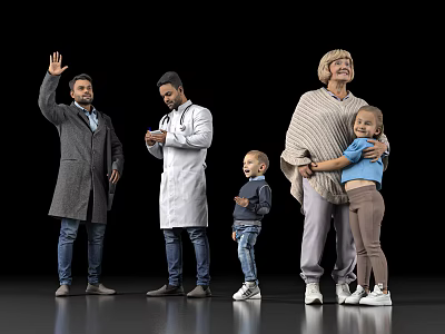Group of People With Waving Man Doctor Elderly Woman and Children Standing Together 3d model
