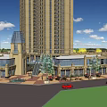 Modern Commercial Street With Outdoor Seating Red Umbrellas Shops And Pedestrians