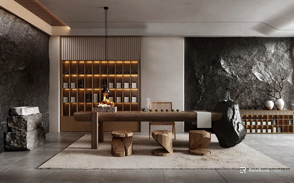 Japanese Tea Room Interior With Wooden Table Display Shelves And Stone Decor Elements 3d model 