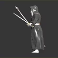 Hooded Wizard In Gray Robe With White Beard Holding Wooden Staff And Sword