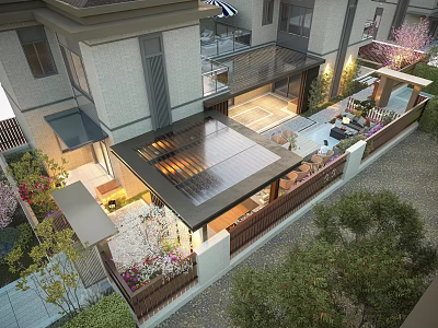 Modern Courtyard Garden Design With Pergola Lighting Flower Beds Stone Paving And Seating 3d model