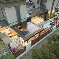 Modern Courtyard Garden Design With Pergola Lighting Flower Beds Stone Paving And Seating