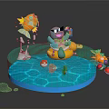 Colorful Cartoon Scene With Blue Character On Yellow Float Holding Drink And Orange Fish