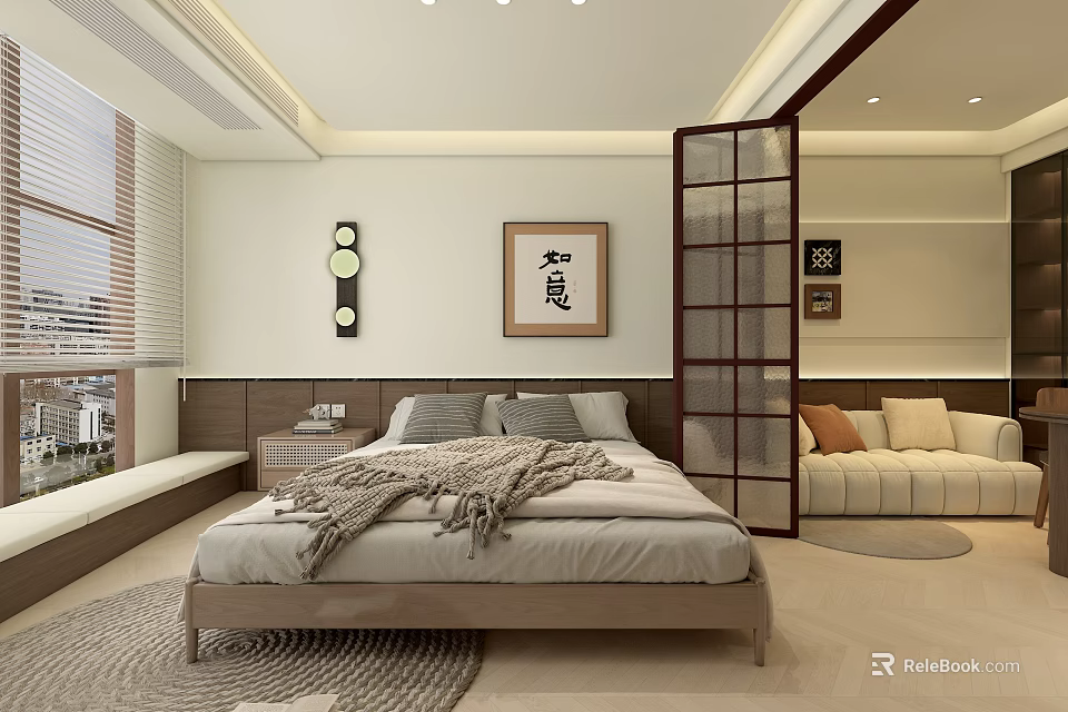 Modern Living Dining Room Interior With Sofa Window Artwork And Area Rug 3d model