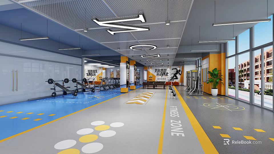 Modern Gym Workout Space With Blue Floor Yellow Pillars And Fitness Training Equipment 3d model 