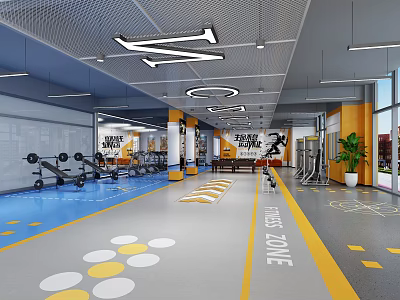 Modern Gym Workout Space With Blue Floor Yellow Pillars And Fitness Training Equipment 3d model
