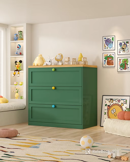 Green Chest of Drawers with Colorful Knobs Stuffed Toys and Kids Paintings in Room 3d model 