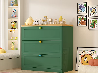 Green Chest of Drawers with Colorful Knobs Stuffed Toys and Kids Paintings in Room 3d model