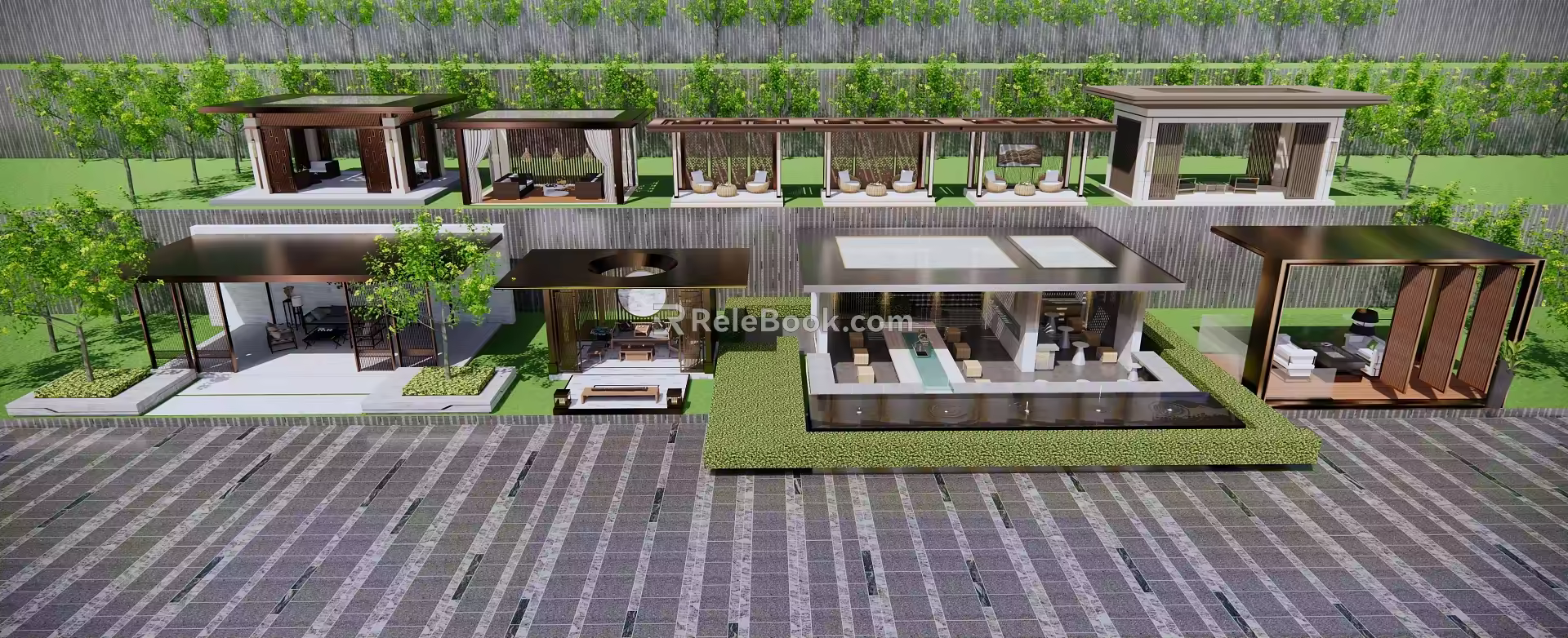 Modern Pavilion Community Central Axle Corridor Frame Meeting Room Pavilion Landscape Pavilion Flower Frame Tree Pool Seat Grille 3d model