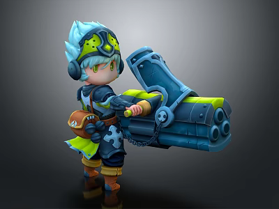 Blue Haired Character With Goggles In Mechanical Outfit Holding Large Weapon And Small Creature Companion 3d model