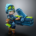 Blue Haired Character With Goggles In Mechanical Outfit Holding Large Weapon And Small Creature Companion