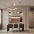 Modern Dining and Living Area With White Cabinets Marble Countertop Green Plants And Chandeliers