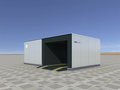 Modern Modular Container Building With Gray Black Exterior And Checkered Floor Entrance 3d model