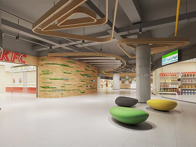 Modern Shopping Mall Lobby With KFC Outlet Wooden Panel Walls And Colorful Round Seats 3d model