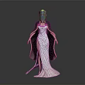 Elegant Woman In White Long Dress With Green Headpiece And Dark Cloak