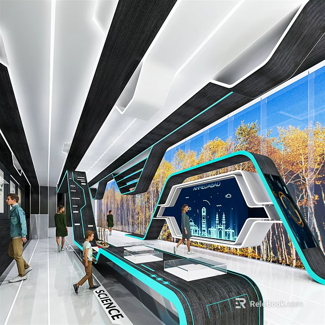 Futuristic Exhibition Hall Featuring Large Screens Showcasing City and Natural Landscapes People Walking Modern Ceiling 3d model 