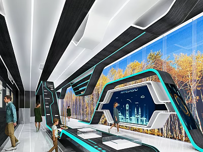 Futuristic Exhibition Hall Featuring Large Screens Showcasing City and Natural Landscapes People Walking Modern Ceiling 3d model