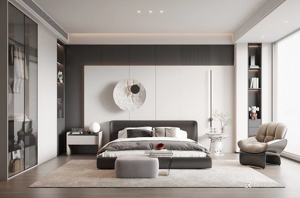 Modern Bedroom Interior Design With Black Bed Round Wall Art Area Rug And Accent Chair 3d model 