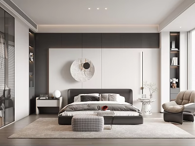 Modern Bedroom Interior Design With Black Bed Round Wall Art Area Rug And Accent Chair 3d model