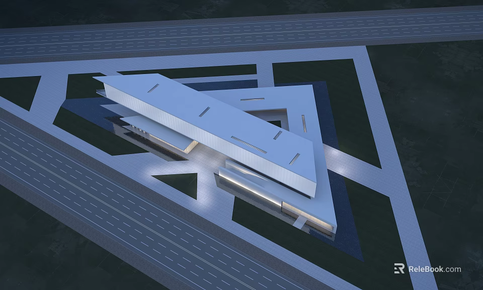 Modern Cultural Center Building With Geometric Roof And Surrounding Green Areas 3d model 