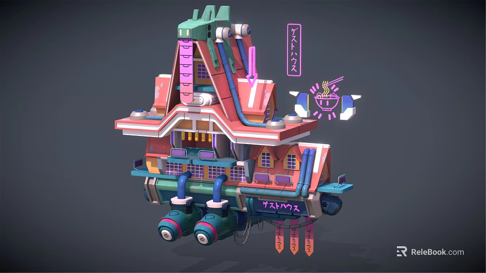Vibrant Cartoon Scenery Featuring Floating Building With Colorful Design Neon Signs And Pipes 3d model 