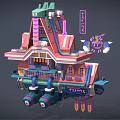 Vibrant Cartoon Scenery Featuring Floating Building With Colorful Design Neon Signs And Pipes