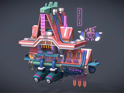 Vibrant Cartoon Scenery Featuring Floating Building With Colorful Design Neon Signs And Pipes 3d model