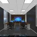 Public Office Space with Wooden Desks Computers Green Plant Sofa Ceiling Lights and Windows