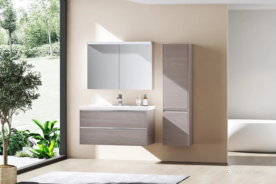 Modern Bathroom Wall Mounted Washbasin Vanity Unit With Mirror Cabinet Natural Light And Green Plants 3d model 