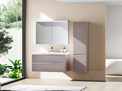 Modern Bathroom Wall Mounted Washbasin Vanity Unit With Mirror Cabinet Natural Light And Green Plants 3d model