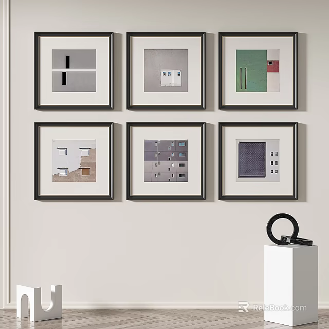 Multiple Framed Abstract Paintings With Geometric Designs And Neutral Tones On Wall 3d model 