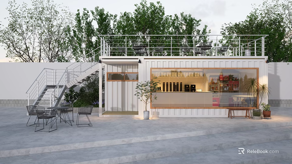 Modern Commercial Street With Container Buildings Outdoor Seating Green Plants And Terrace 3d model 