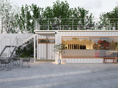 Modern Commercial Street With Container Buildings Outdoor Seating Green Plants And Terrace 3d model