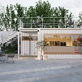 Modern Commercial Street With Container Buildings Outdoor Seating Green Plants And Terrace