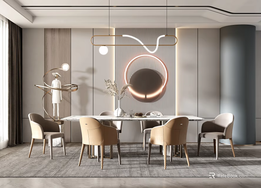 Elegant Modern Dining Table Set With Beige Chairs Round Mirror And Pendant Lights 3d model