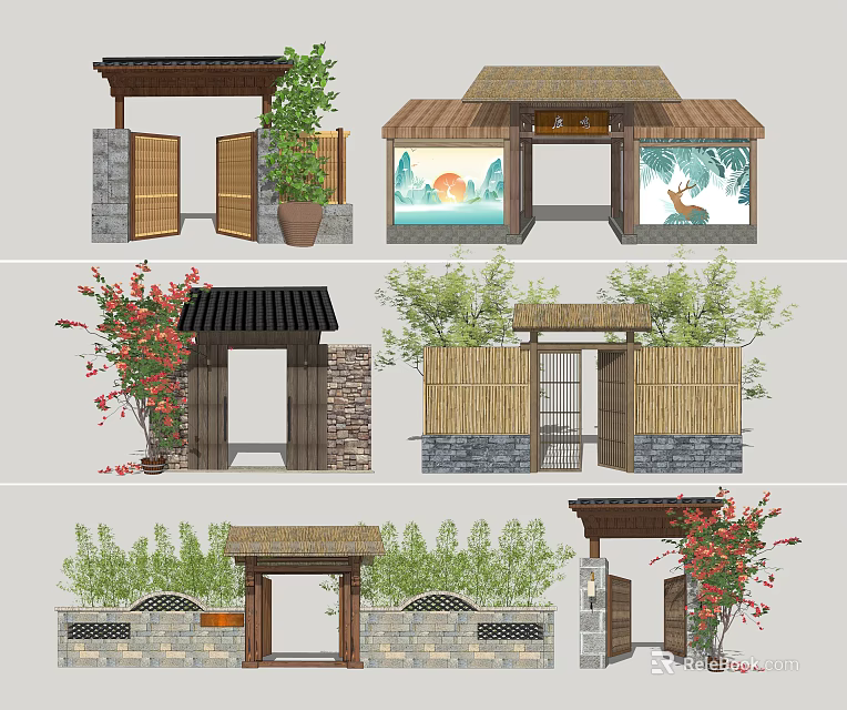 Traditional Chinese Entrance Gate Designs With Natural Plants And Bamboo Decor 3d model 