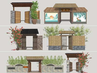 Traditional Chinese Entrance Gate Designs With Natural Plants And Bamboo Decor 3d model