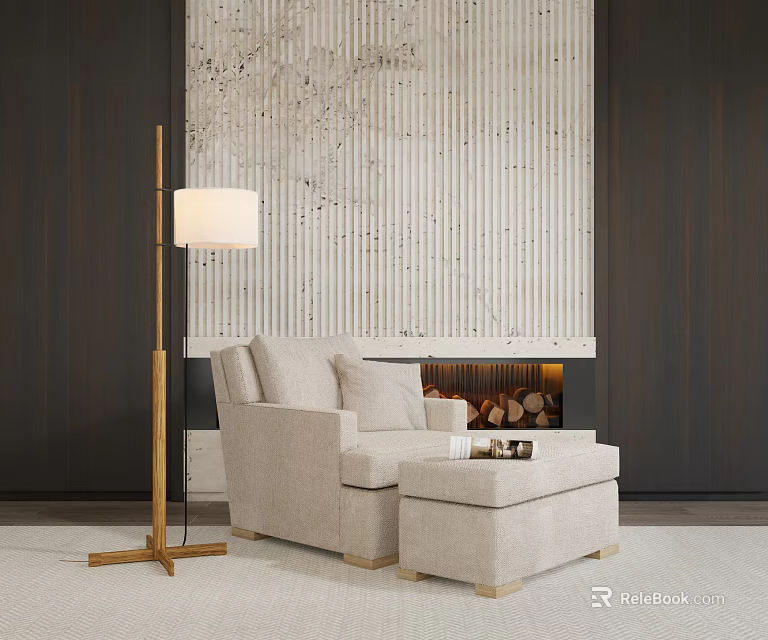 Beige Single Sofa With Ottoman And Floor Lamp By Decorative Wall Fireplace 3d model