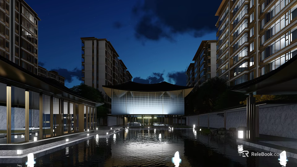 Modern Sales Office Building Night View With Water Pool And Surrounding Lighting Effects 3d model 