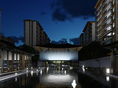 Modern Sales Office Building Night View With Water Pool And Surrounding Lighting Effects 3d model