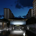 Modern Sales Office Building Night View With Water Pool And Surrounding Lighting Effects