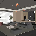 Modern Living Room Interior Design With Black Sofa Area Rug Floor Lamp And Potted Plant